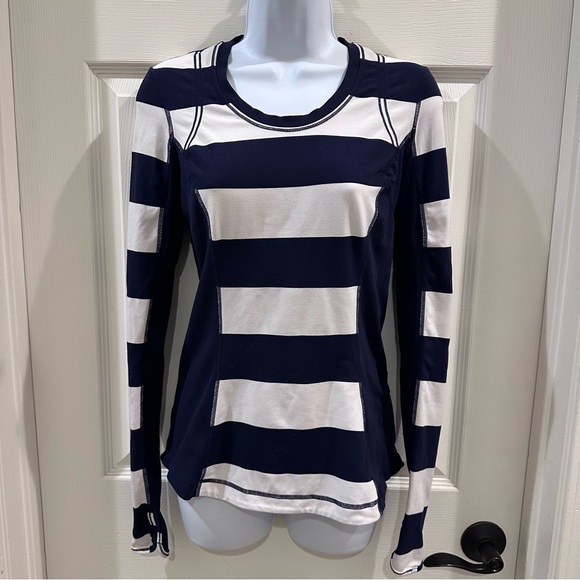 Lululemon Run: Switch Back Long Sleeve Wide Bold Stripe White Deep Indigo - Picture 2 of 7